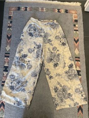 Vintage Floral Flowly Cut Pants in Cream and Blue